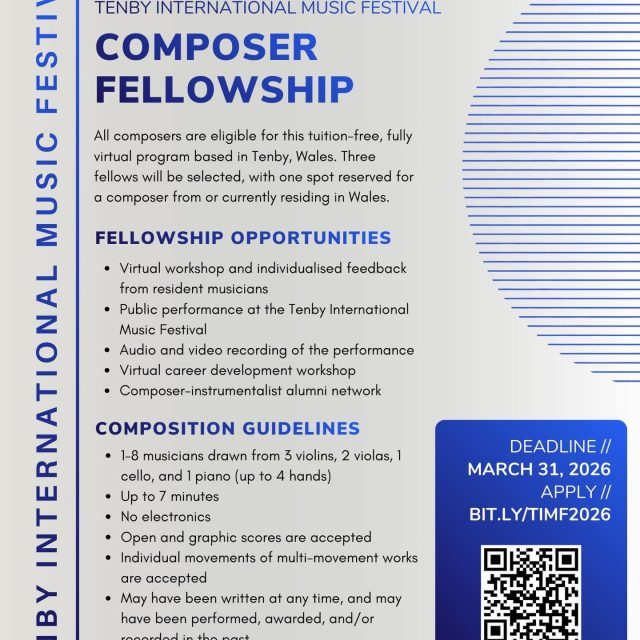 Calling all composers!

We’re excited to launch the second edition of the Tenby International Music Festival Composer Fellowship.

- Workshop with festival musicians
- Public performance 
- Professional recording
📍 Tenby, Wales

🎬 Directed by Kian Ravaei

Submit here ➡️ bit.ly/timf2026

#ComposerOpportunity #CallForScores #NewMusic #TenbyInternationalMusicFestival #TIMF