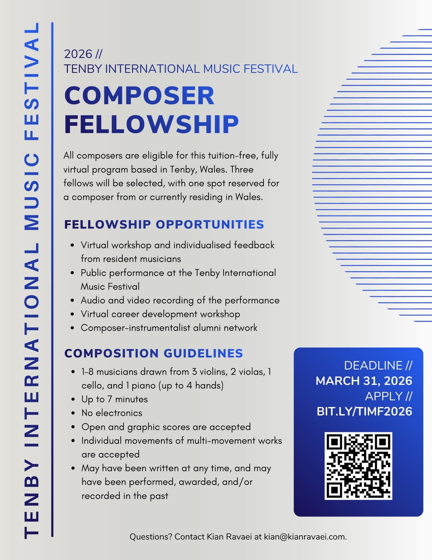 Calling all composers!

We’re excited to launch the second edition of the Tenby International Music Festival Composer Fellowship.

- Workshop with festival musicians
- Public performance 
- Professional recording
📍 Tenby, Wales

🎬 Directed by Kian Ravaei

Submit here ➡️ bit.ly/timf2026

#ComposerOpportunity #CallForScores #NewMusic #TenbyInternationalMusicFestival #TIMF